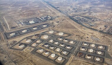 Aerial view of crude oil depots in Al Ahmadi, Kuwait.
