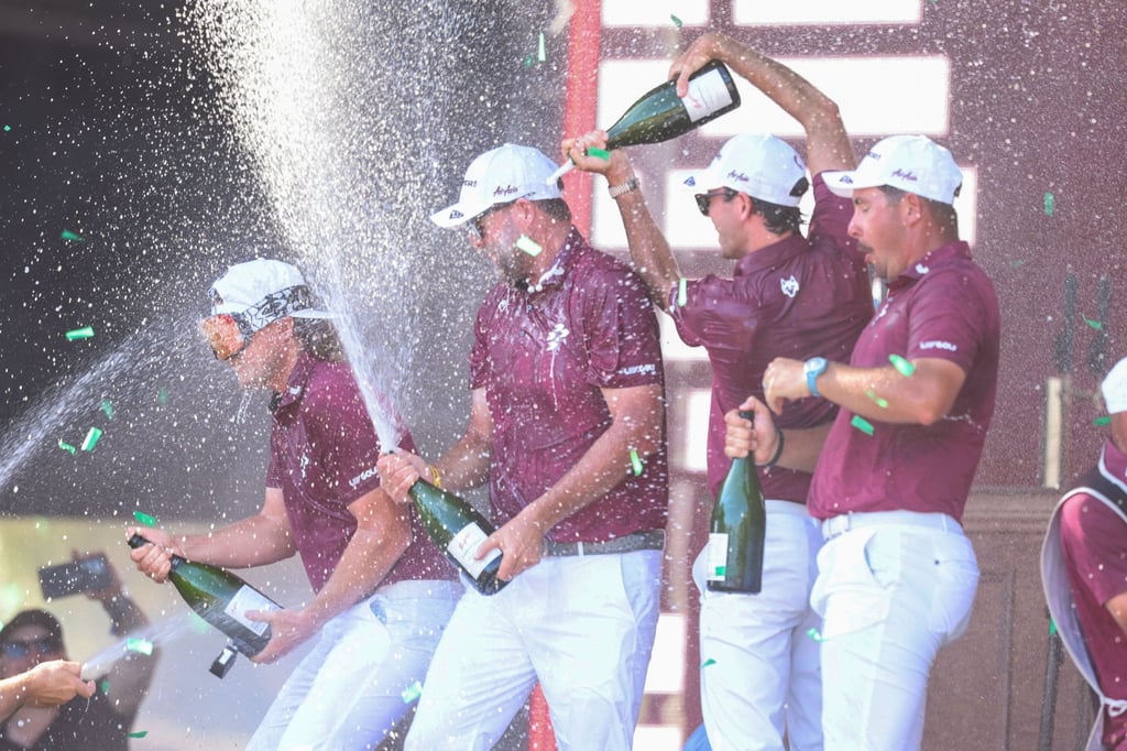 From left, Ripper GC’s Cameron Smith, Marc Leishman, Elvis Smyle and Lucas Herbert celebrate victory in Adelaide last month. Photo: EPA