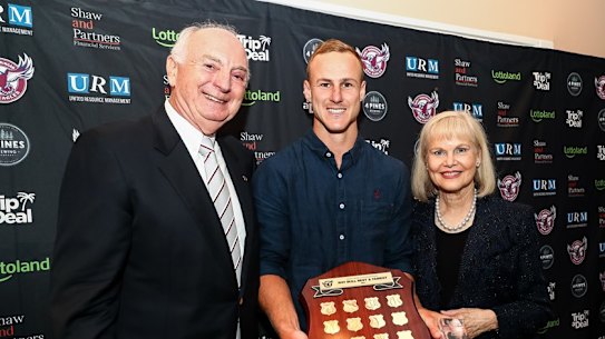 Rick and Heather Penn with Manly’s former champion halfback Daly Cherry-Evans.
