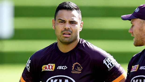 Ben Te'o chats with Matthew Lodge during a Brisbane Broncos NRL training session