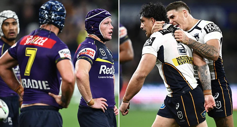 Kotoni Staggs and Reece Walsh during the Broncos' win over Melbourne.