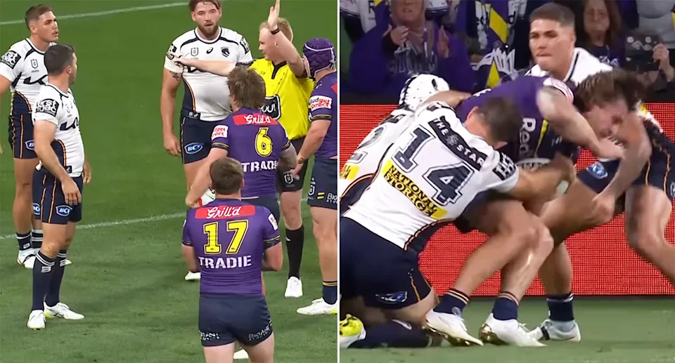 Reece Walsh, pictured here hitting Cameron Munster in the head with his shoulder. 