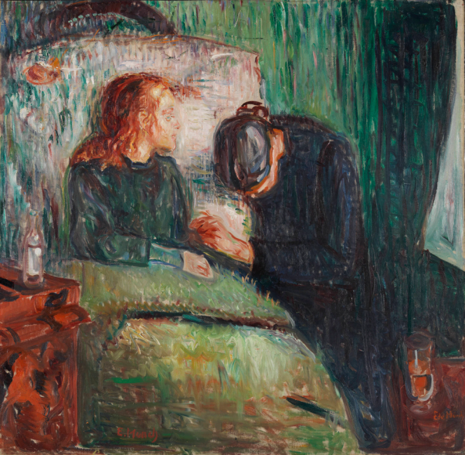 Illustration of a red-haired child and a grieving adult in "The Sick Child" by Edvard Munch.