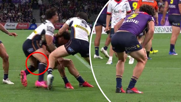 Nick Meaney copped a Kotoni Staggs knee to the hip in the first half of the Storm's clash with the Broncos in Melbourne.