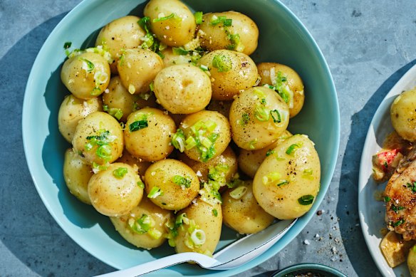 Adam Liaw's spring onion and parsley potatoes are healthier because they have been cooled and use less dressing.