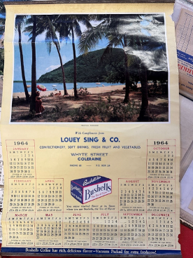 Photograph of an old calendar with Louey Sing & Co written above the months