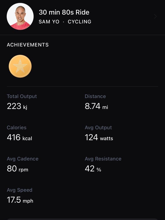 Cycling workout summary with various performance metrics.