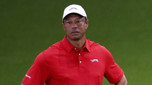 Tiger Woods of Jupiter Links Golf Club looks on from the third green against Los Angeles Golf Club at the SoFi Center on January 20, 2026 in Palm Beach Gardens, Florida. (Photo by Mike Ehrmann/TGL/TGL Golf via Getty Images)