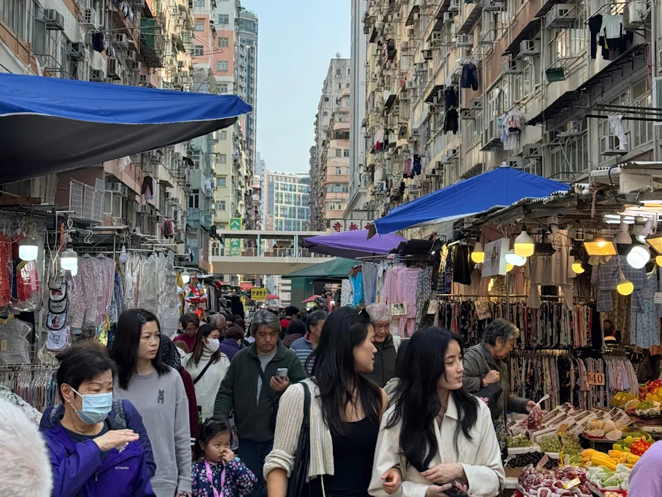 A crowded street in Hong Kong.