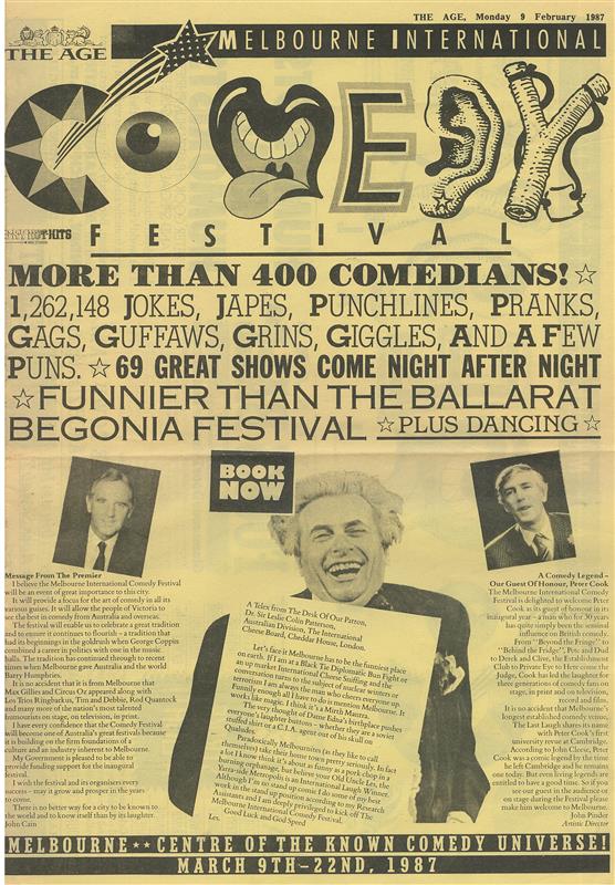 A yellowed page of paper guide for the 1987 Melbourne International Comedy Festival