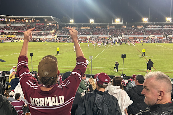 A Manly fan at Brookvale Oval lets Daly Cherry-Evans know what he thinks about his defection to the Roosters. 