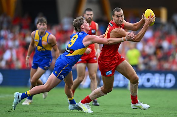 Jarrod Witts of the Suns competes for the ball during the round one AFL match between Gold Coast Suns and West Coast Eagles.
