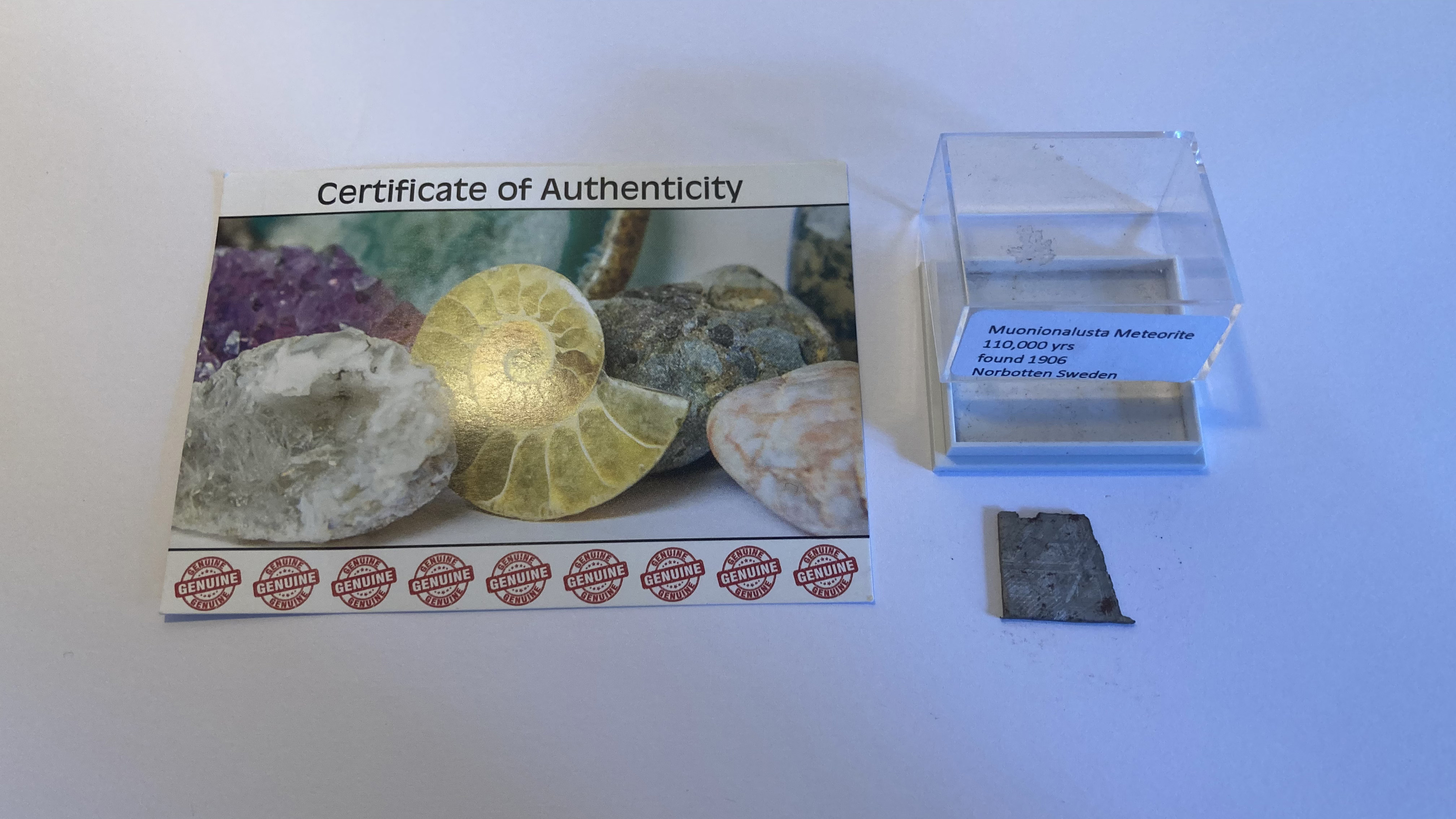 A meteorite fragment with a certificate of authenticity