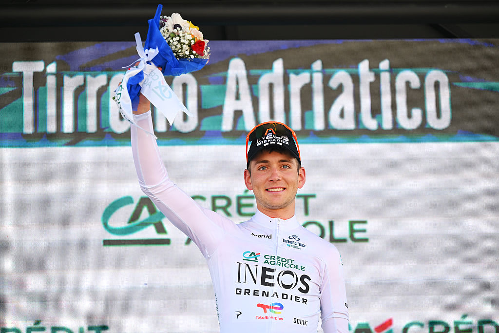 LIDO DI CAMAIORE, ITALY - MARCH 09: Magnus Sheffield of United States and Team INEOS Grenadiers celebrates at podium as White best young jersey winner during the 61st Tirreno-Adriatico 2026, Stage 1 a 11.5km individual time trial stage from Lido di Camaiore to Lido di Camaiore / #UCIWT / on March 09, 2026 in Lido di Camaiore, Italy. (Photo by Tim de Waele/Getty Images)