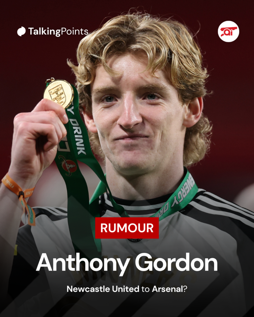 A graphic to show Arsenal's rumoured transfer interest in Anthony Gordon.