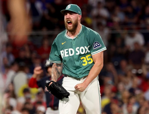 Boston Red Sox pitcher Garrett Crochet reacts after striking out Atlanta Braves' Stuart Fairchild, to leave the bases loaded in a game last season. (AP Photo/Mark Stockwell)