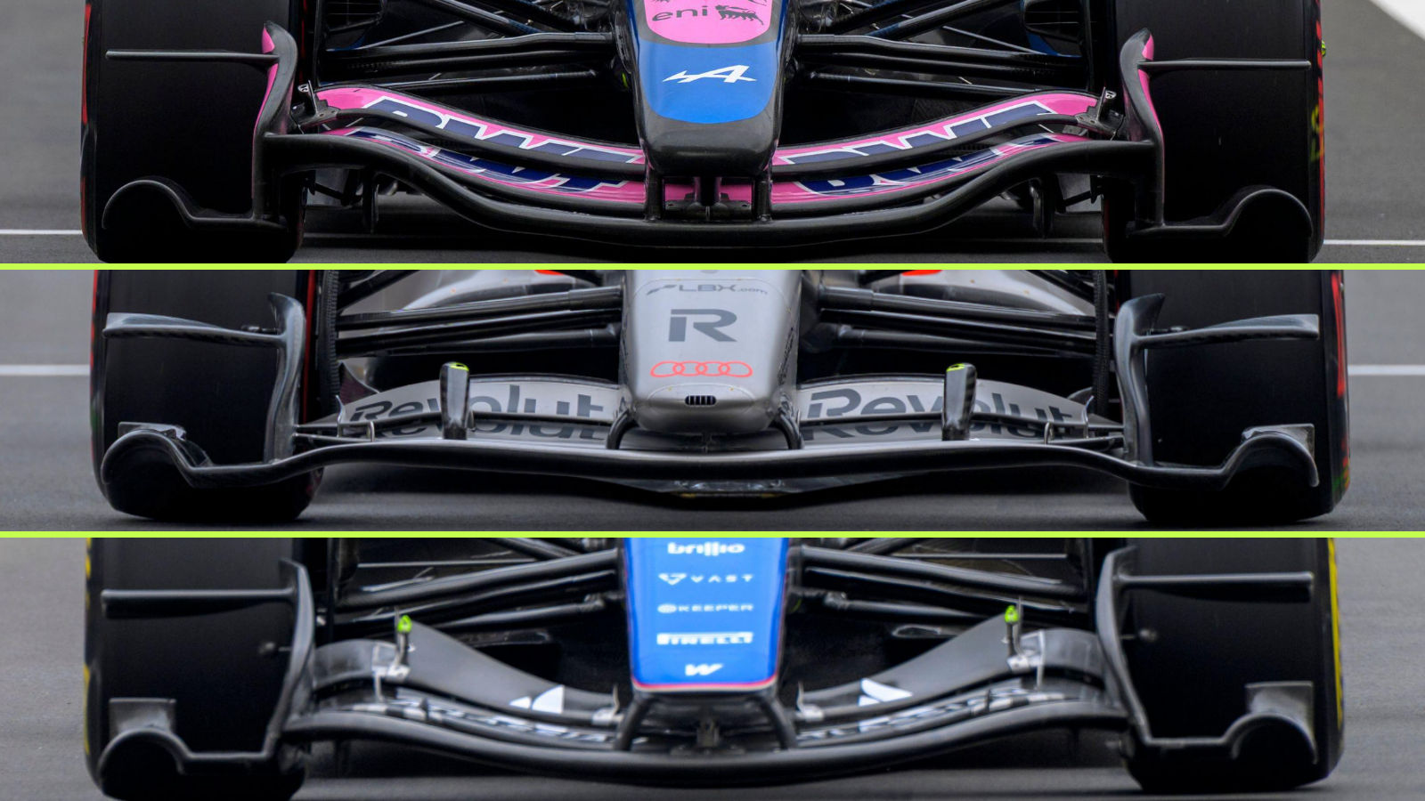 Alpine, Audi and Williams front wing comparison