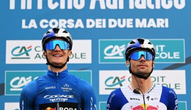 MAROTTA-MONDOLFO, ITALY - MARCH 13: (L-R) Giulio Pellizzari of Italy - Blue Leader Jersey and Primoz Roglic of Slovenia and Team Red Bull - BORA - hansgrohe prior to the 61st Tirreno-Adriatico 2026, Stage 5 a 184km stage from Marotta-Mondolfo to Mombaroccio 309m / #UCIWT / on March 13, 2026 in Marotta-Mondolfo, Italy. (Photo by Tim de Waele/Getty Images)