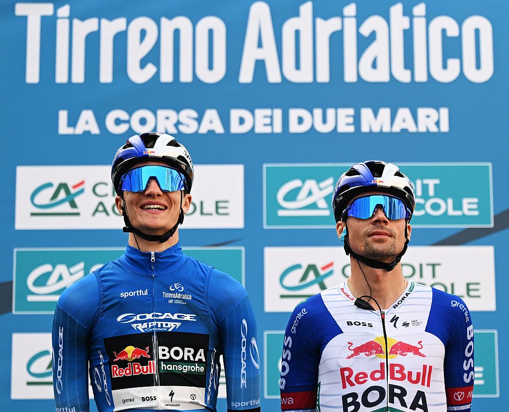 MAROTTA-MONDOLFO, ITALY - MARCH 13: (L-R) Giulio Pellizzari of Italy - Blue Leader Jersey and Primoz Roglic of Slovenia and Team Red Bull - BORA - hansgrohe prior to the 61st Tirreno-Adriatico 2026, Stage 5 a 184km stage from Marotta-Mondolfo to Mombaroccio 309m / #UCIWT / on March 13, 2026 in Marotta-Mondolfo, Italy. (Photo by Tim de Waele/Getty Images)