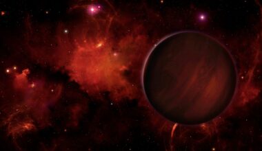 a striped red orb on a starry background
