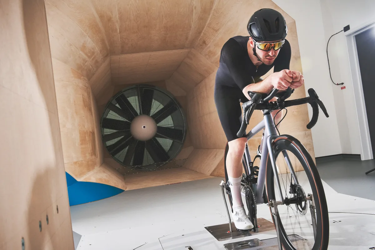 Liam Cahill using clip-on aero bars in the Silverstone Sports Engineering Hub wind tunnel