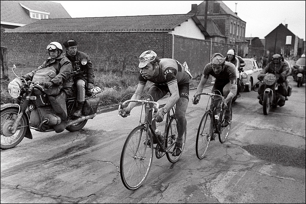 Belgian rider Eddy Merckx is closely followed by his compatriot Roger De Vlaeminck, on April 15, 1973 during the 71st race between Paris-Roubaix. (Photo by AFP via Getty Images)