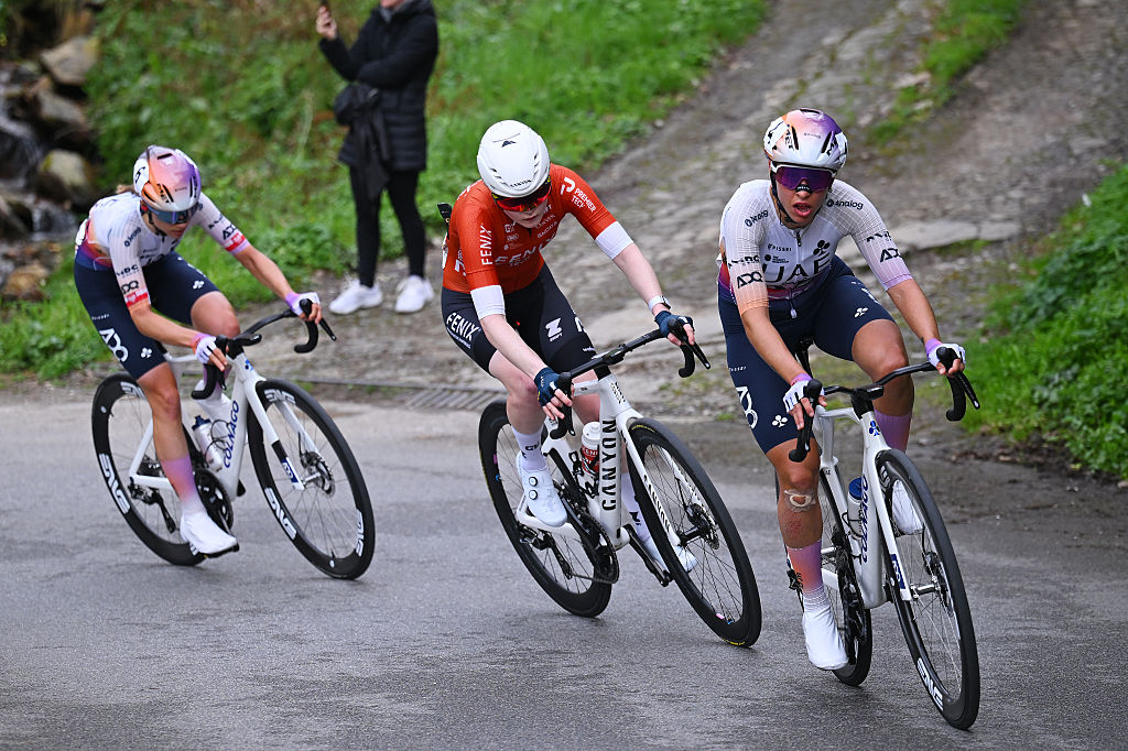 CINQUALE, ITALY - MARCH 08: Silvia Persico of Italy and UAE Team ADQ competes in the chase group during the 14th Trofeo Oro in Euro 2026 a 106.8km one day race from Cinquale to Cinquale on March 08, 2026 in Cinquale, Italy. (Photo by Tim de Waele/Getty Images)