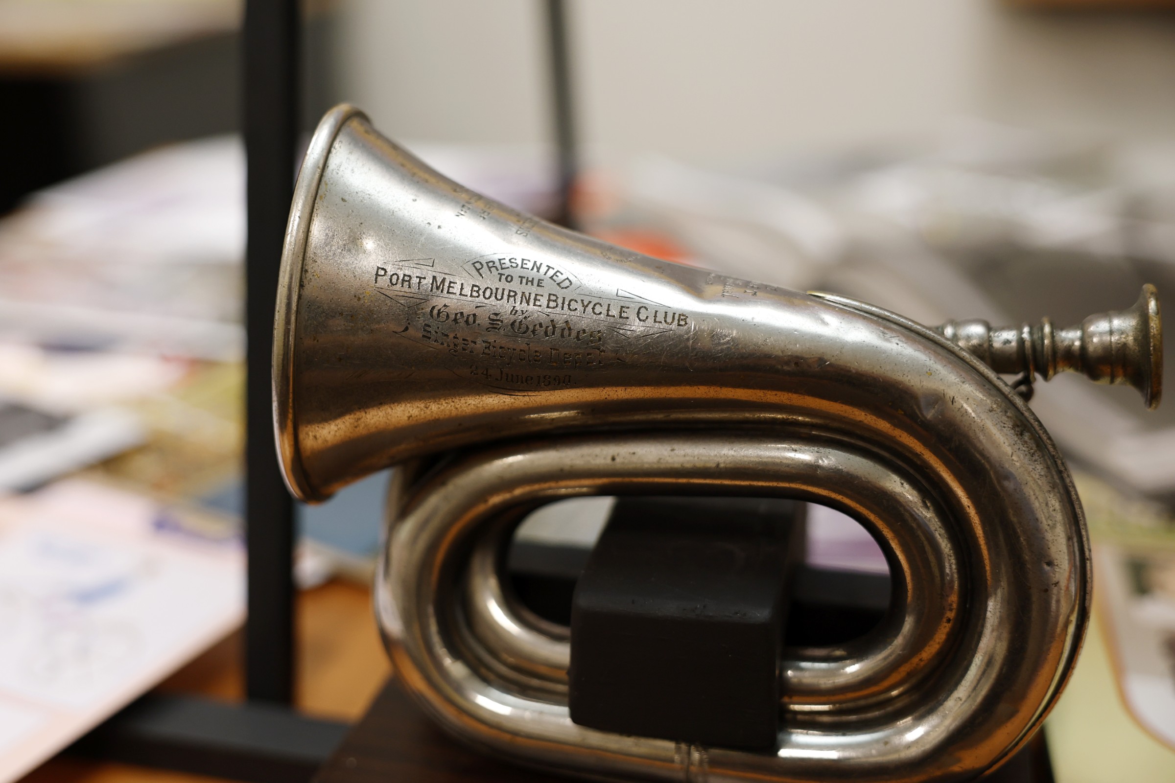 A small bugle called a buglet, part of the AusCycling Victorian History Archive managed by the AusCycling History and Heritage Victorian sub-committee