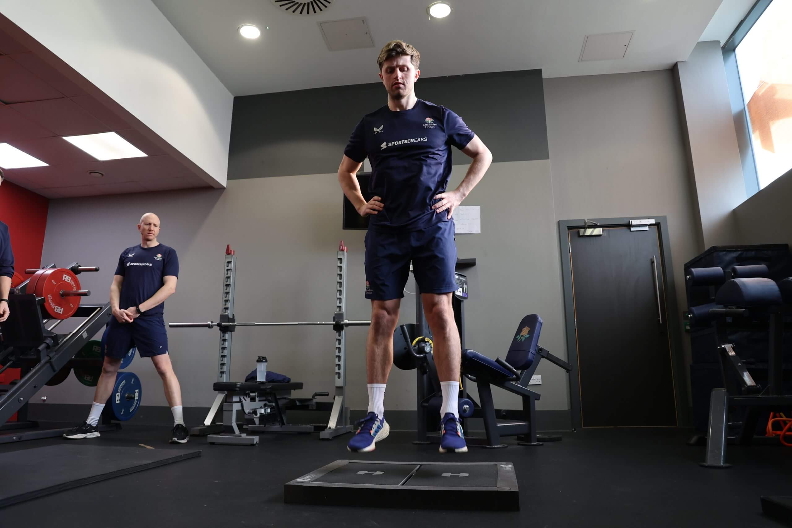 Jack Blatherwick conducts the standing jumps while Luke Wells watches on