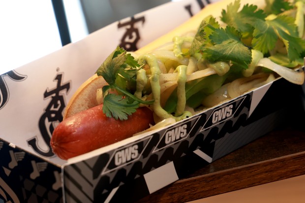 Fajita dog, on display as the Chicago White Sox hold a media preview to showcase new food and beverage highlights at Rate Field, Wednesday, March 18, 2026. (Antonio Perez/Chicago Tribune)