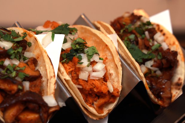 Assorted tacos on display, as the Chicago White Sox hold a media preview to showcase new food and beverage highlights at Rate Field, Wednesday, March 18, 2026. (Antonio Perez/Chicago Tribune)