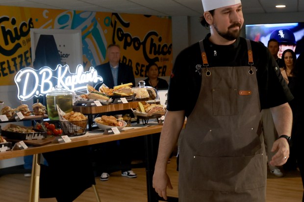 Chef Nick Toth, of Livy Restaurants, talks with media, as the Chicago White Sox hold a media preview to showcase new food and beverage highlights at Rate Field, Wednesday, March 18, 2026. (Antonio Perez/Chicago Tribune)