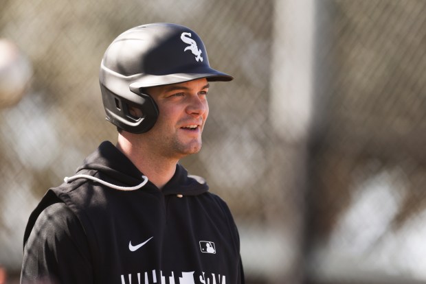 Chicago White Sox left fielder Andrew Benintendi hangs out while waiting to do live batting practice during Spring Training at Camelback Ranch-Glendale in Phoenix, Ariz., on Tuesday, Feb. 17, 2026. (Eileen T. Meslar/Chicago Tribune)