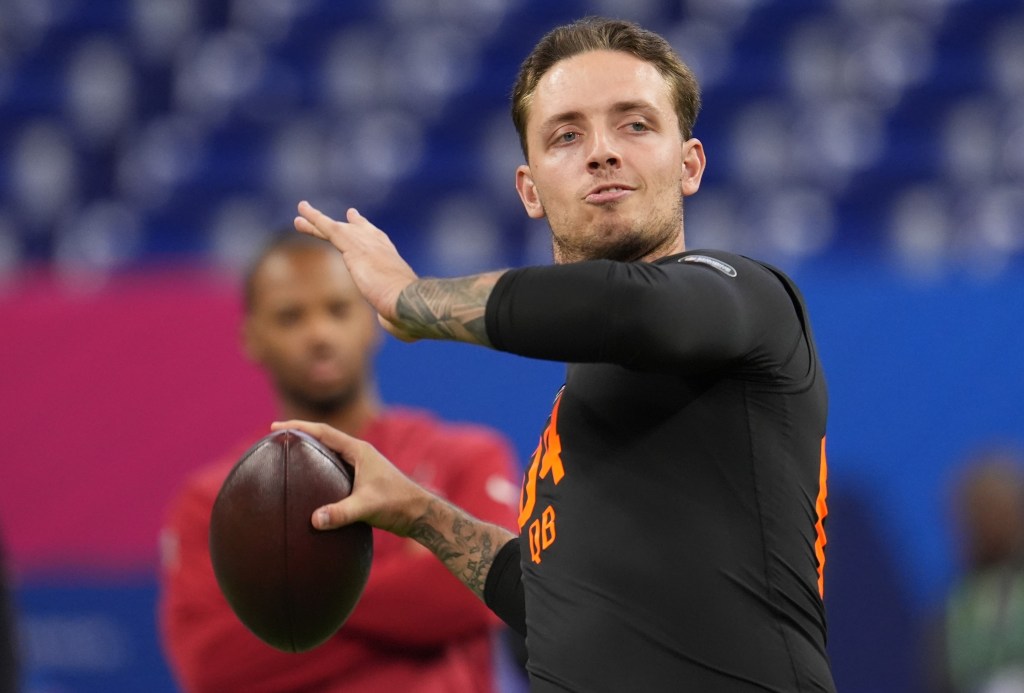 Miami quarterback Carson Beck throws a pass during an NFL Combine workout on Feb. 28, 2026.