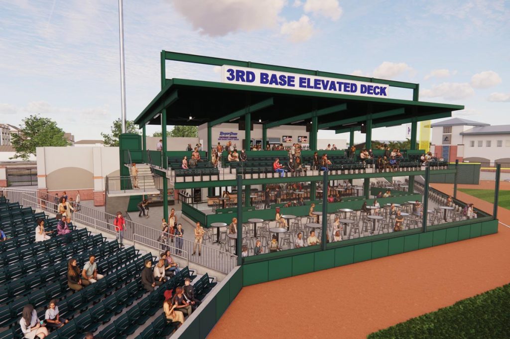 When fans of the St. Louis Cardinals and the Miami Marlins return to Roger Dean Chevrolet Stadium for spring training, they’ll be treated to new seating options including field-level views in the Hot Corner, or the luxury experience of the Champions Club on the second level of the newly constructed Third Base Elevated Deck—shown here in an artist’s rendering. Rendering courtesy of Roger Dean Chevrolet Stadium