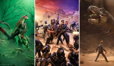 Three sci-fi and fantasy scenes: left, a cyborg dinosaur with a large gun; center, a group of armed heroes battling robots; right, a person faces a roaring T. rex holding a soldier in its mouth.