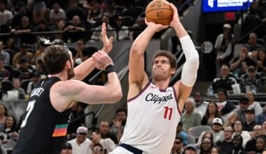 Brook Lopez shoots against Luke Kornet