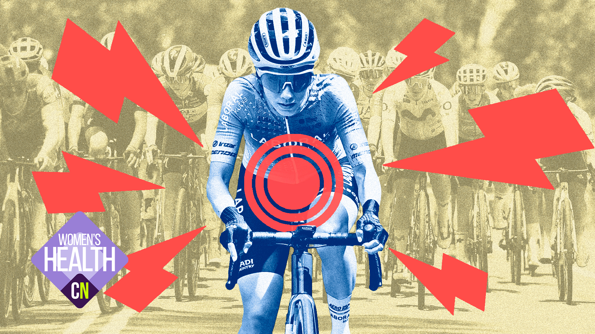 An illustration showing a female rider in the foreground, with red lightning bolts and a pulse point representing pain on her stomach