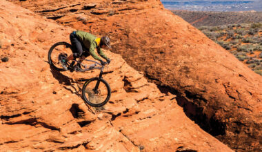 Cycling West Early Spring 2026 Cover Photo: Eric Van Dewoestine of Hurricane, Utah navigates Church Rocks. Photo by John Shafer, photo-john.net