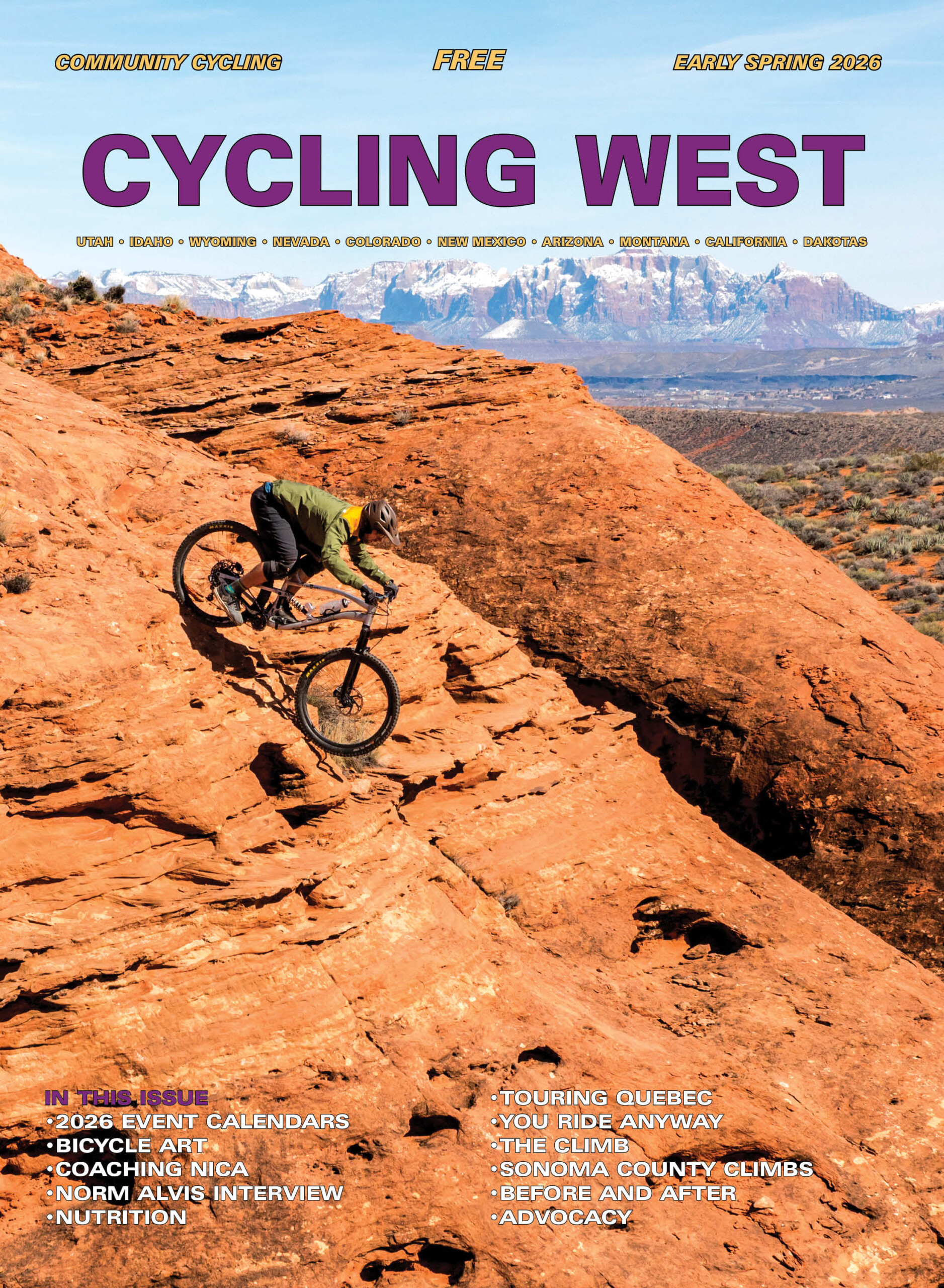 Cycling West Early Spring 2026 Cover Photo: Eric Van Dewoestine of Hurricane, Utah navigates Church Rocks. Photo by John Shafer, photo-john.net