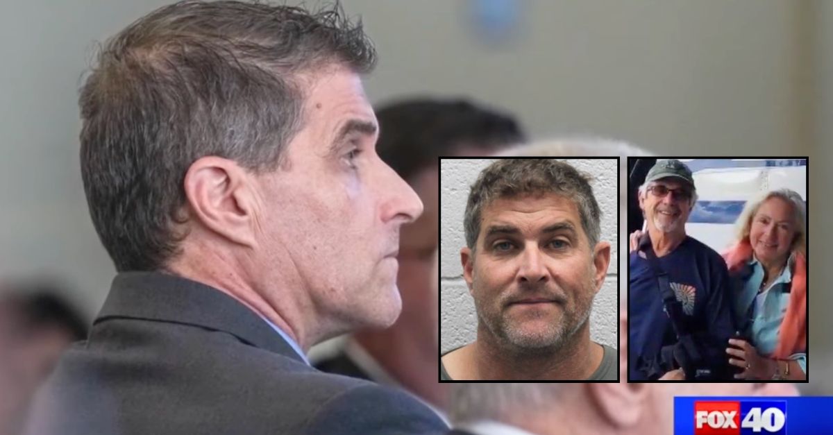 Background: Daniel Serafini in court during his six-week trial in Placer County, Calif. (KTXL/YouTube). Left inset: Daniel Serafini (Humboldt County). Right inset: Robert Spohr and Wendy Wood (KXTL/YouTube).