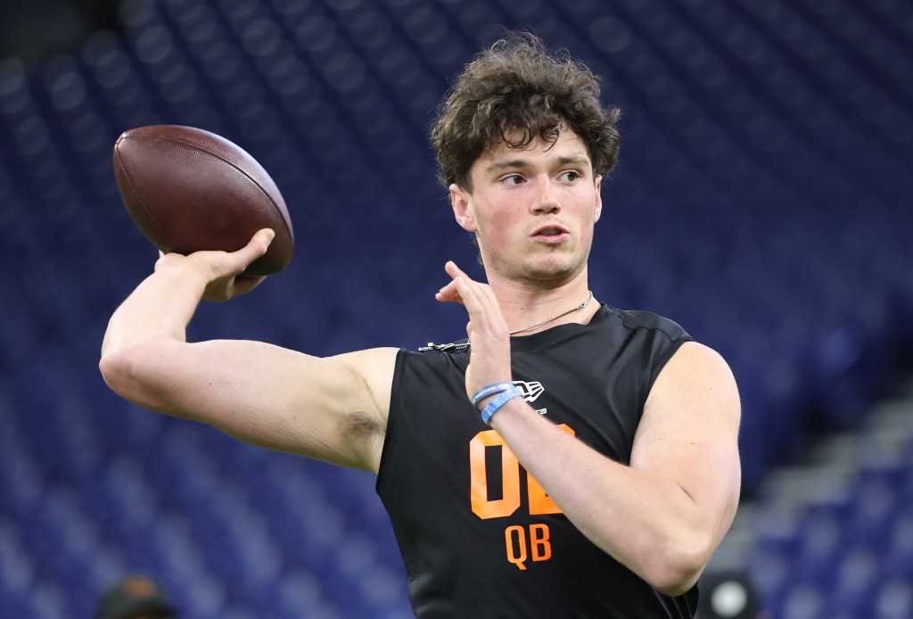 Penn State quarterback Drew Allar throws a pass during an NFL Combine workout on Feb. 28, 2026.