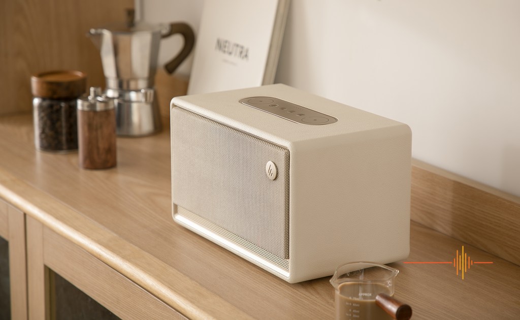 ES300 Tabletop Wireless Speaker in white on bench