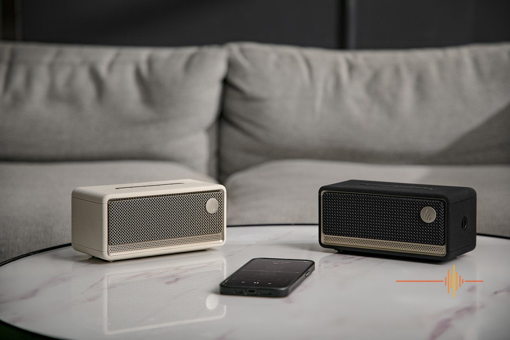 ES60 Portable Bluetooth Speaker on coffee table in black and white colourway