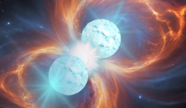 illustration of two bluish-white spheres colliding in deep space