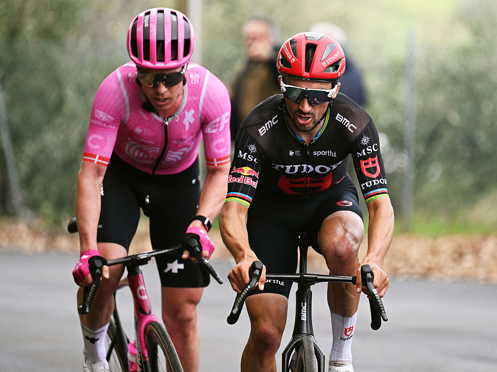 MOMBAROCCIO, ITALY - MARCH 13: (L-R) Michael Valgren of Denmark and Team EF Education - EasyPost and Julian Alaphilippe of France and Team Tudor Pro Cycling compete in the breakaway during the 61st Tirreno-Adriatico 2026, Stage 5 a 184km stage from Marotta-Mondolfo to Mombaroccio 309m / #UCIWT / on March 13, 2026 in Mombaroccio, Italy. (Photo by Tim de Waele/Getty Images)