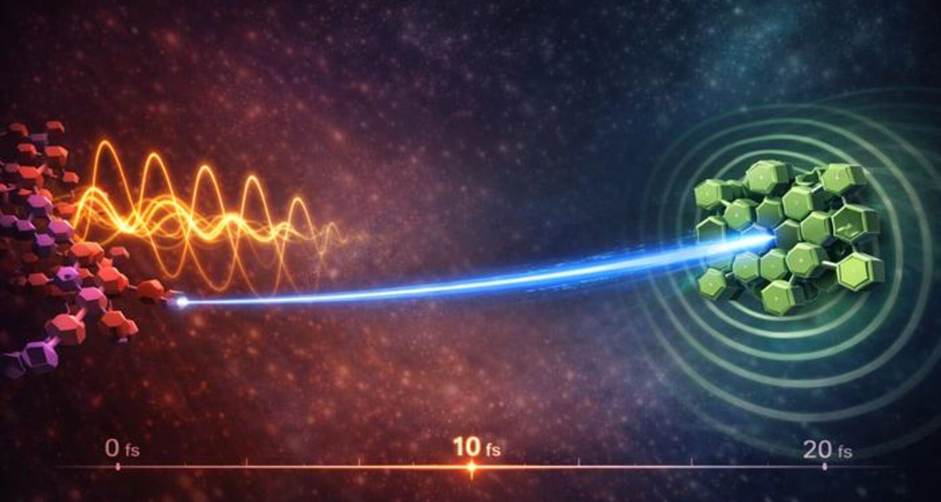 An illustration showing a green hexagonal molecule on the right connects with a series of glowing waves on the left with a bright blue line