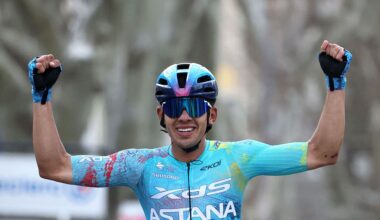 XDS Astana Team's Colombian rider Harold Tejada celebrates as he crosses the finish line to win the 6th stage of the Paris-Nice cycling race, 179.3 km between Barbentane and Apt, on March 13, 2026. (Photo by Anne-Christine POUJOULAT / AFP)
