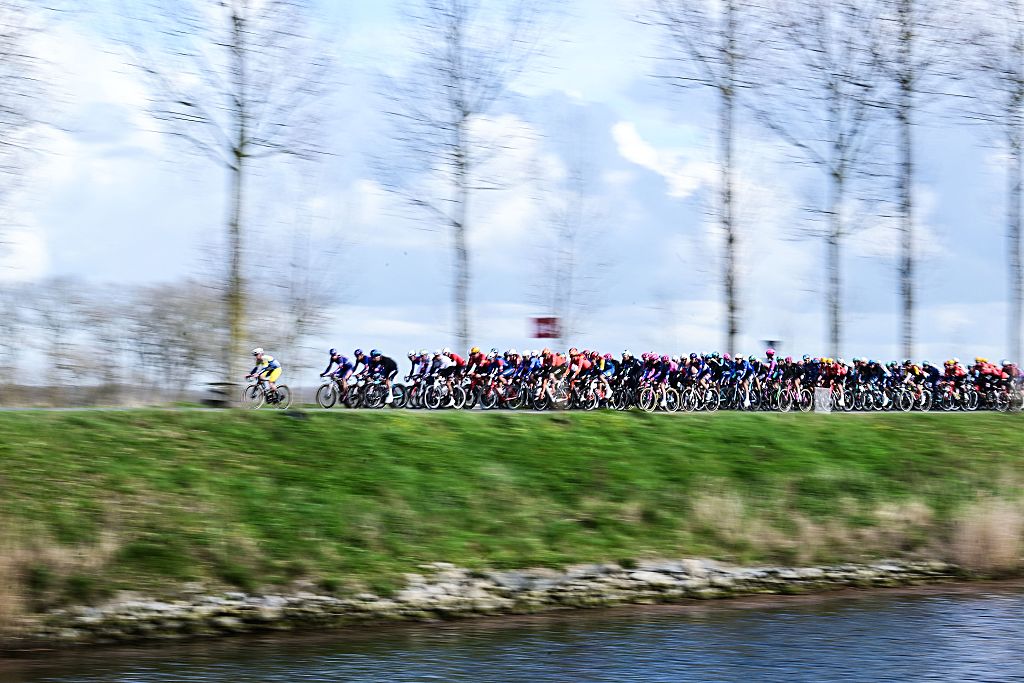 The peloton pictured in action during the 'Ronde van Brugge' men's elite one-day cycling race, 202,9 km from and to Brugge on Wednesday 25 March 2026. BELGA PHOTO MAARTEN STRAETEMANS (Photo by MAARTEN STRAETEMANS / BELGA MAG / Belga via AFP)