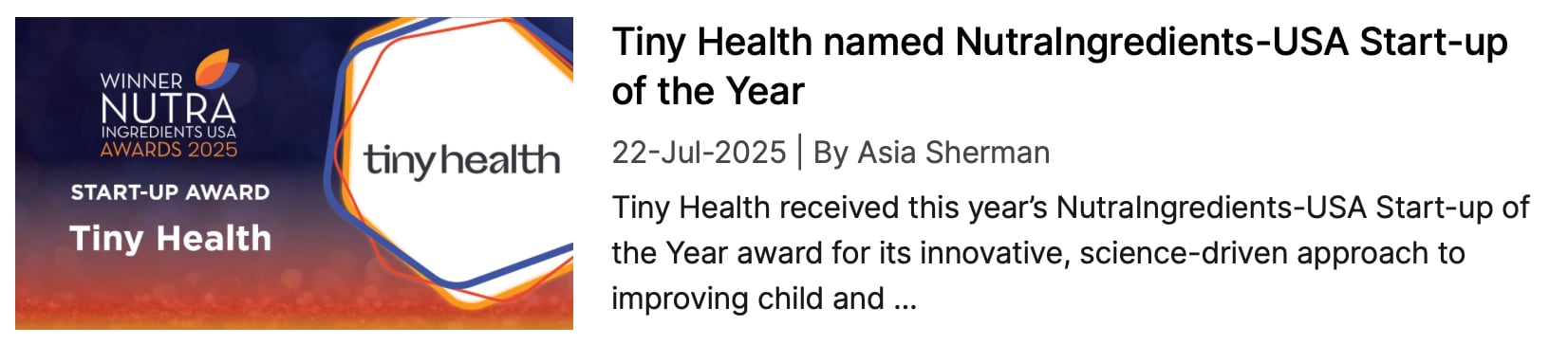 NutraIngredients coverage: "Tiny Health named NutraIngredients-USA Start-up of the Year"